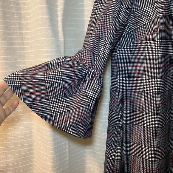 Calvin Klein Plaid Bell Sleeve Dress Houndstooth Pattern Knee Length Back Zip - Picture 3 of 8